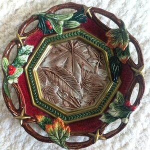 Fitz and Floyd Christmas Lodge Canape Plate w/ Leaves 🌿 Ceramic Collectible 🌲
